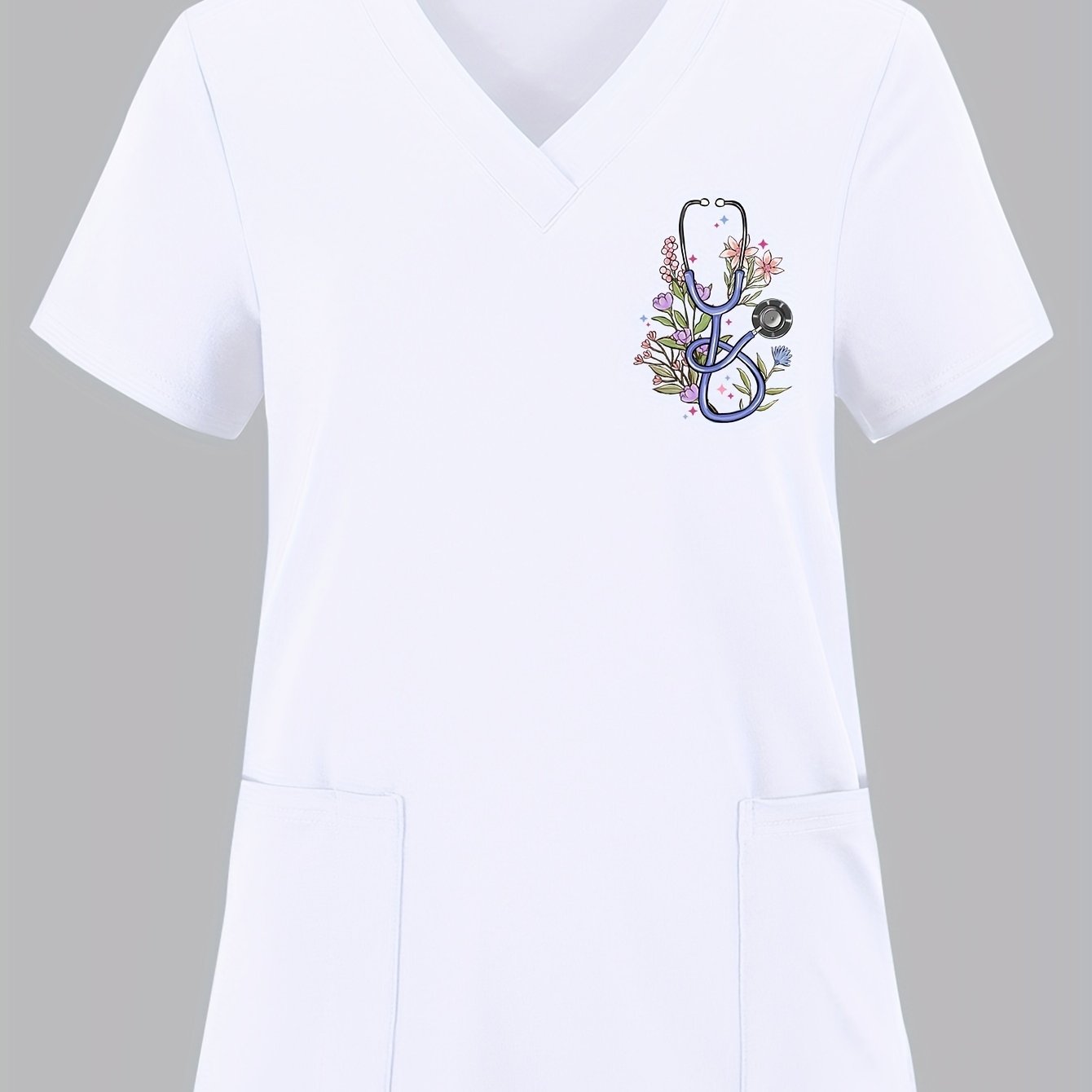 Women's Elegant Floral Stethoscope Print Scrub Top with Pockets, Short Sleeve, Medium Stretch Polyester Knit Fabric, Loose Fit Pullovers, All-Season Nurse Uniform