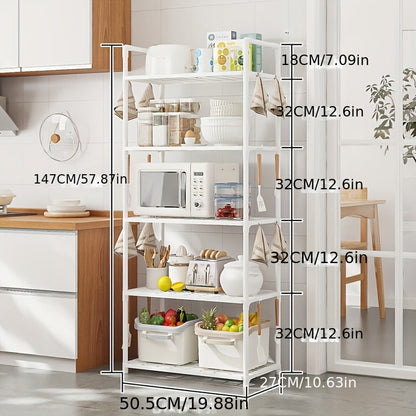 Multi-tier storage organizer rack with 1 piece construction - features 4 or 5 layers of plastic bracket shelves with a matte finish. Perfect for floor mounting in various spaces such as the kitchen, bathroom, or bedroom. Simple assembly, durable