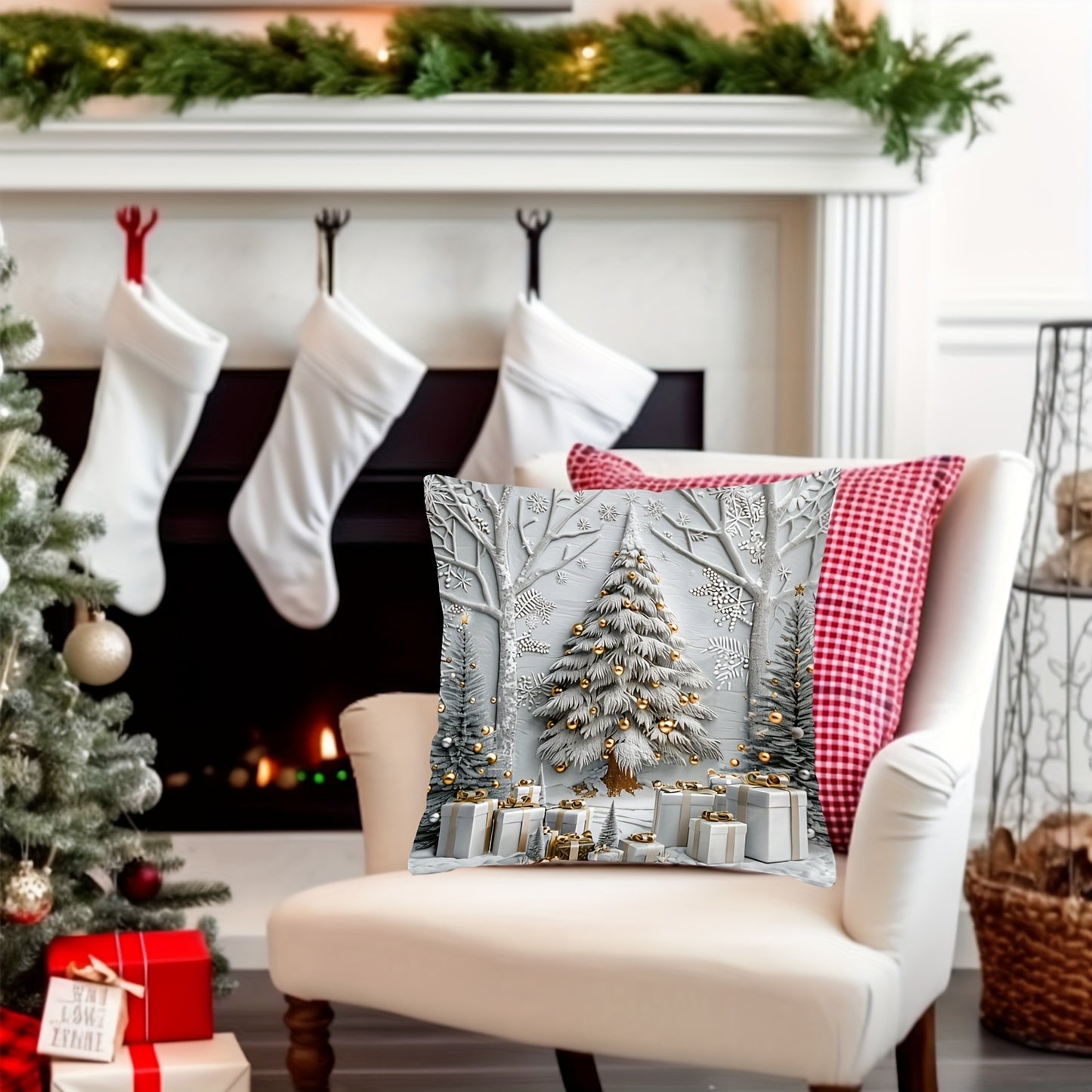 1pc Christmas Tree and Gifts Pattern Throw Pillow Cover, Contemporary Style, 44.96cm x 44.96cm, Zipper Closure, Hand Wash, 100% Polyester, Sofa Decor