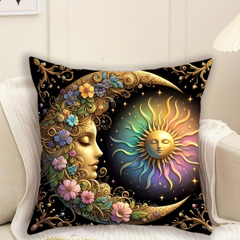 Bohemian-style celestial sun and moon pillow cover, 44.96x44.96 cm, machine washable polyester knit fabric, ideal for home and bedroom decor. Zippered decorative cushion cover, perfect for living room. Architectural collectible accessory (pillow insert