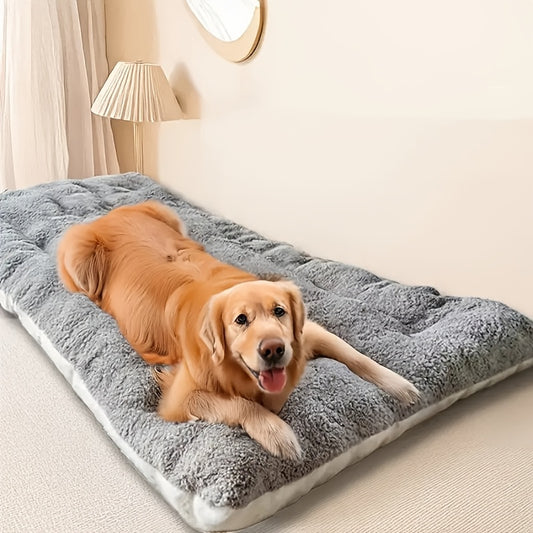 Large plush dog bed for small to large breeds, with non-slip bottom and checkered design for comfort.