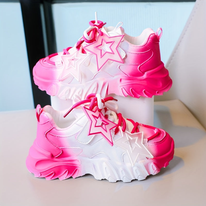 Trendy chunky sneakers for girls in pink and white gradient with star pattern, soft sole, perfect for school, sports, and outdoor play.