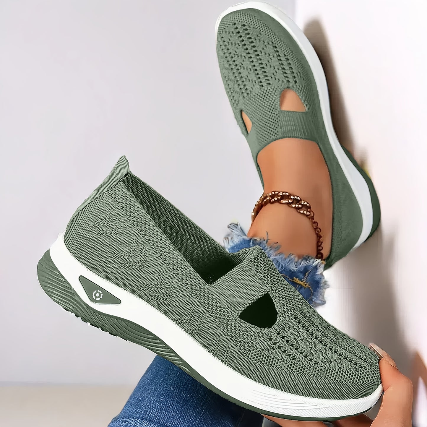 Women's lightweight knitted sneakers with PVC sole, fabric insole and upper, all-season wear, slip-on closure, machine washable.