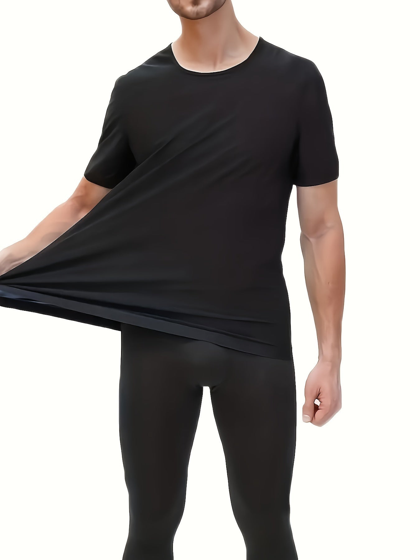 Men's short-sleeve sweat-wicking sports shirt and sauna suit for fitness training.