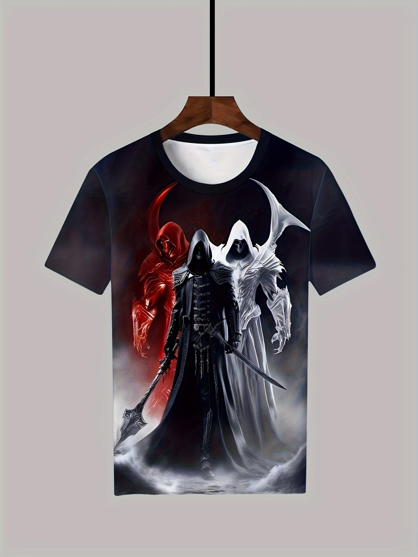 Grim Reaper graphic t-shirt for plus size men, made of comfortable, breathable polyester. Features full print design and round neckline, suitable for casual sports. Unisex adult top.