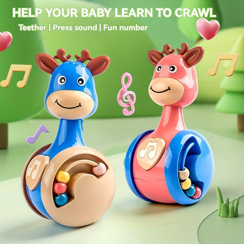 This musical giraffe tumbler toy is a fun and engaging interactive toy for babies and toddlers. It serves as an educational crawling companion with sound effects and colorful beads to keep little ones entertained. Made from durable plastic material, this