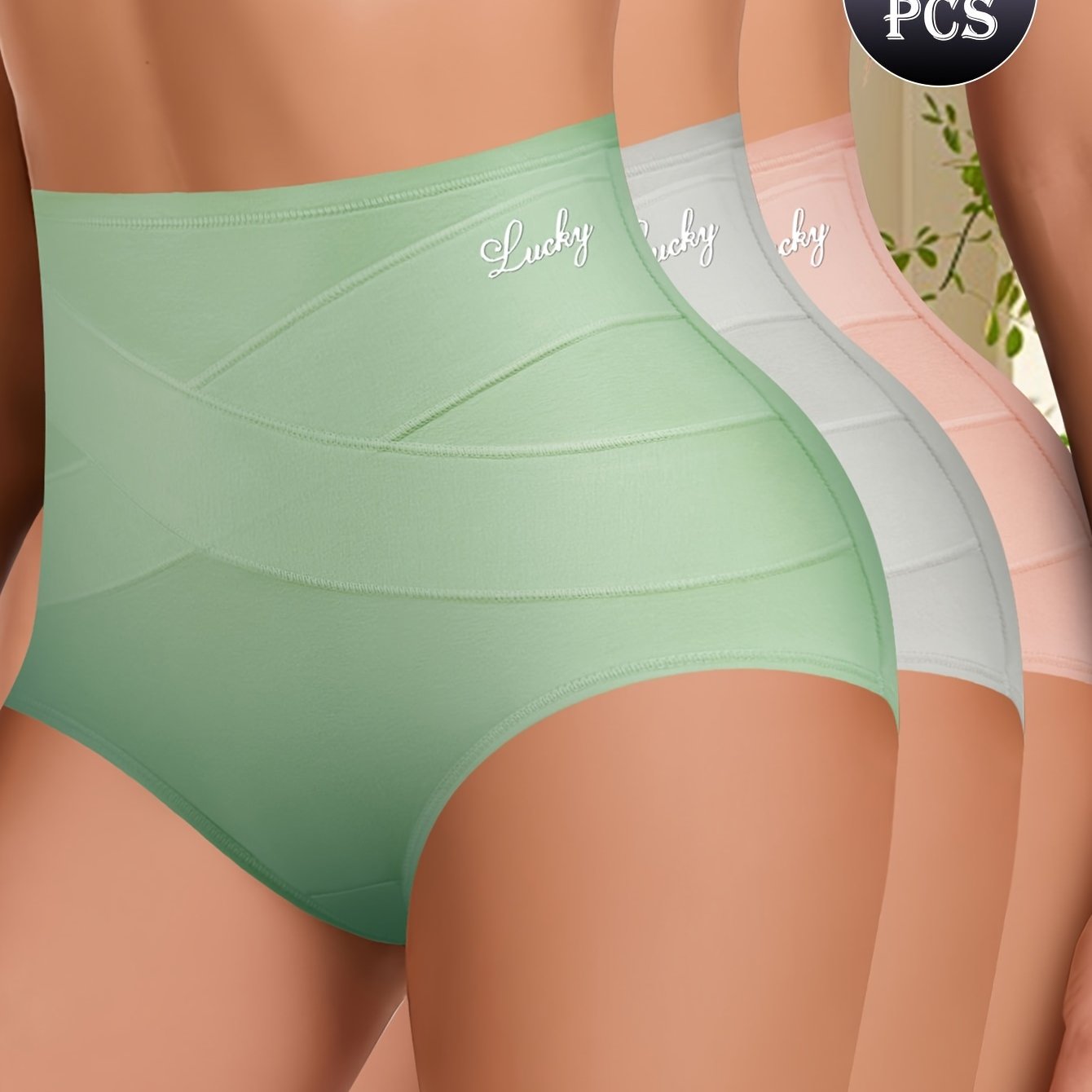 Set of 3 high-waist tummy control solid color underpants with cross-band design for women.