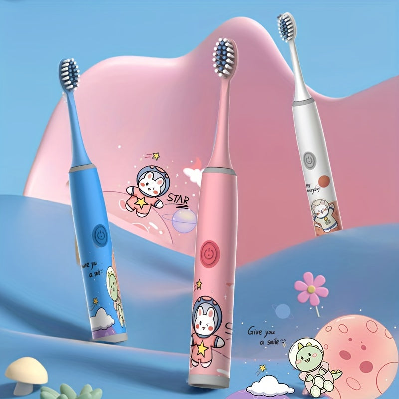 Cartoon Space Series Electric Toothbrush with 5 brush heads, battery powered, soft bristle, 2-minute timer, deep clean, cavity protection, perfect birthday gift.