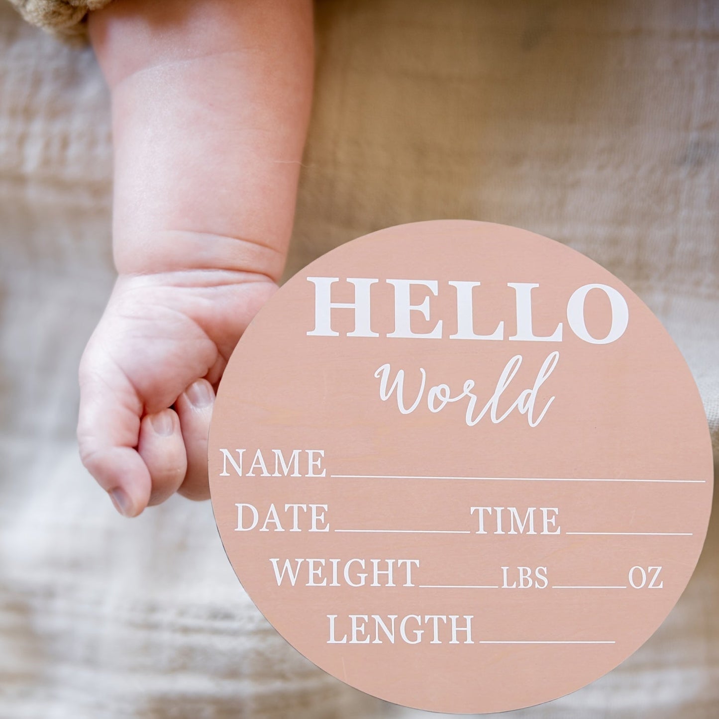 Wooden Birth Announcement Keepsake Plaque - "Hello World" Commemorative Sign with Space for Photo Props and Memory Display of Fillable Details