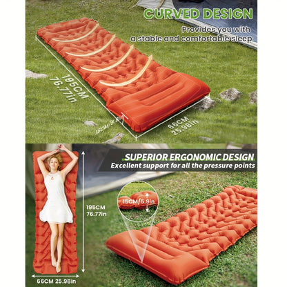 Inflatable sleeping pad with pillow, pump, and repair kit - perfect for camping, travel, and hiking. Made of durable nylon and includes storage bag.