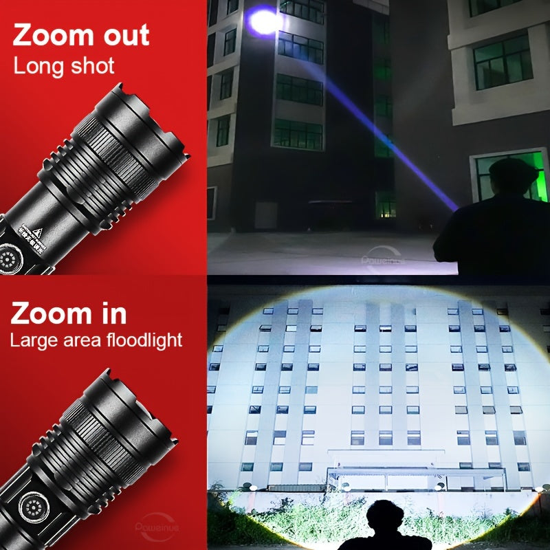 30W LED Tactical Flashlight with USB Rechargeable & Waterproof Aluminum Alloy, Long-Range Zoom, Built-in 2600mAh Battery