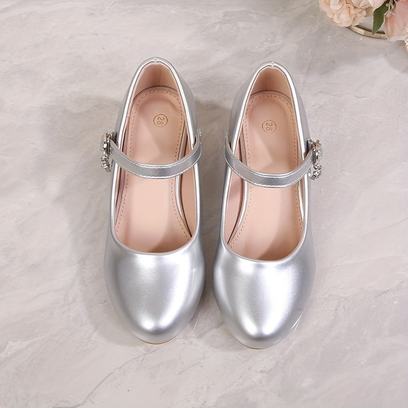 Girls' Princess High Heel Ballet Shoes in British campus style, ideal for weddings and formal events. Available in black, white, pink, and golden colors with a durable TPR sole.