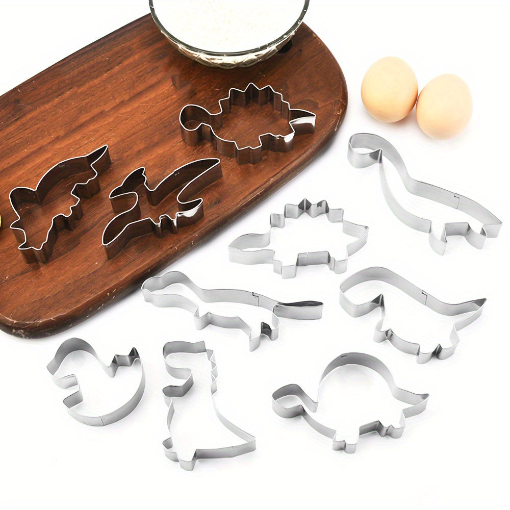 A set of 10 stainless steel dinosaur cookie cutters, perfect for creating fun shapes for baking with kids. These DIY kitchen tools can also be used for cake decoration, making them ideal for children's dinosaur-themed birthday parties.