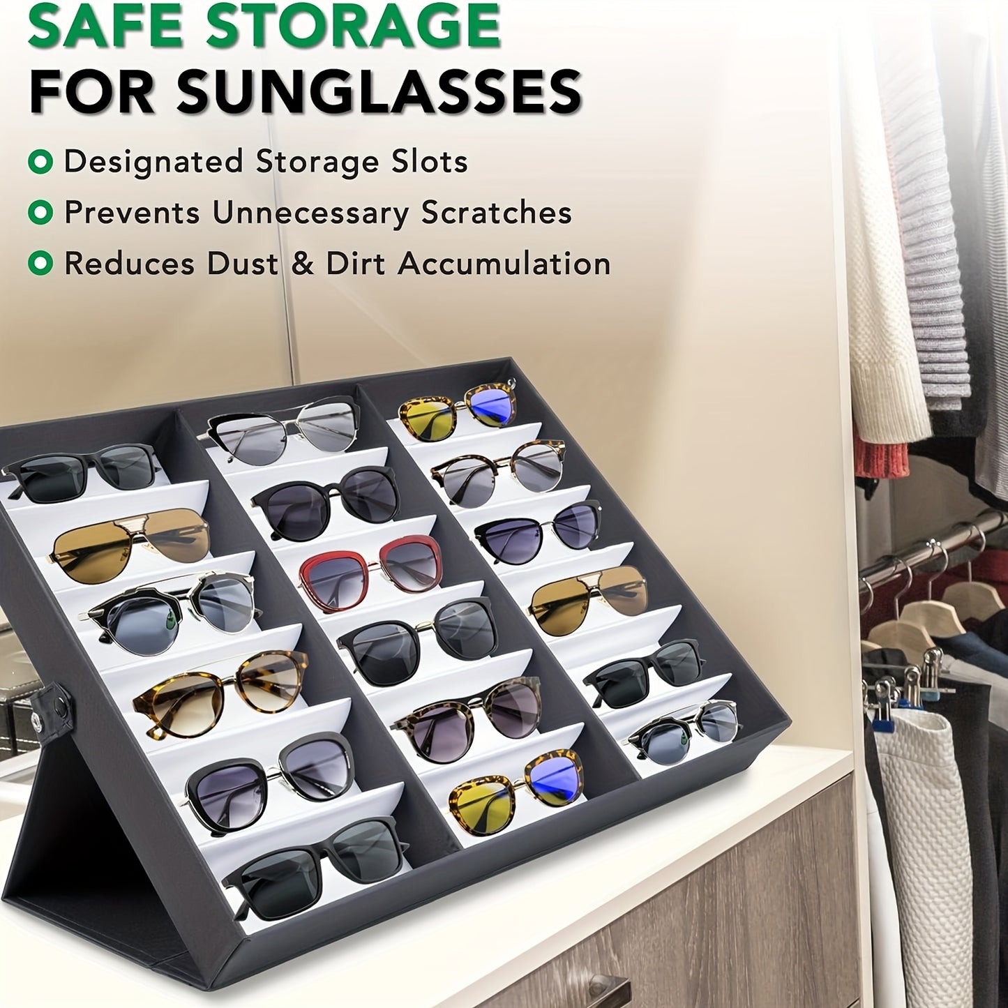 Upgraded 18-slot glasses organizer with clear lid, fabric lining, and snap close. Ideal for displaying glasses in stores.