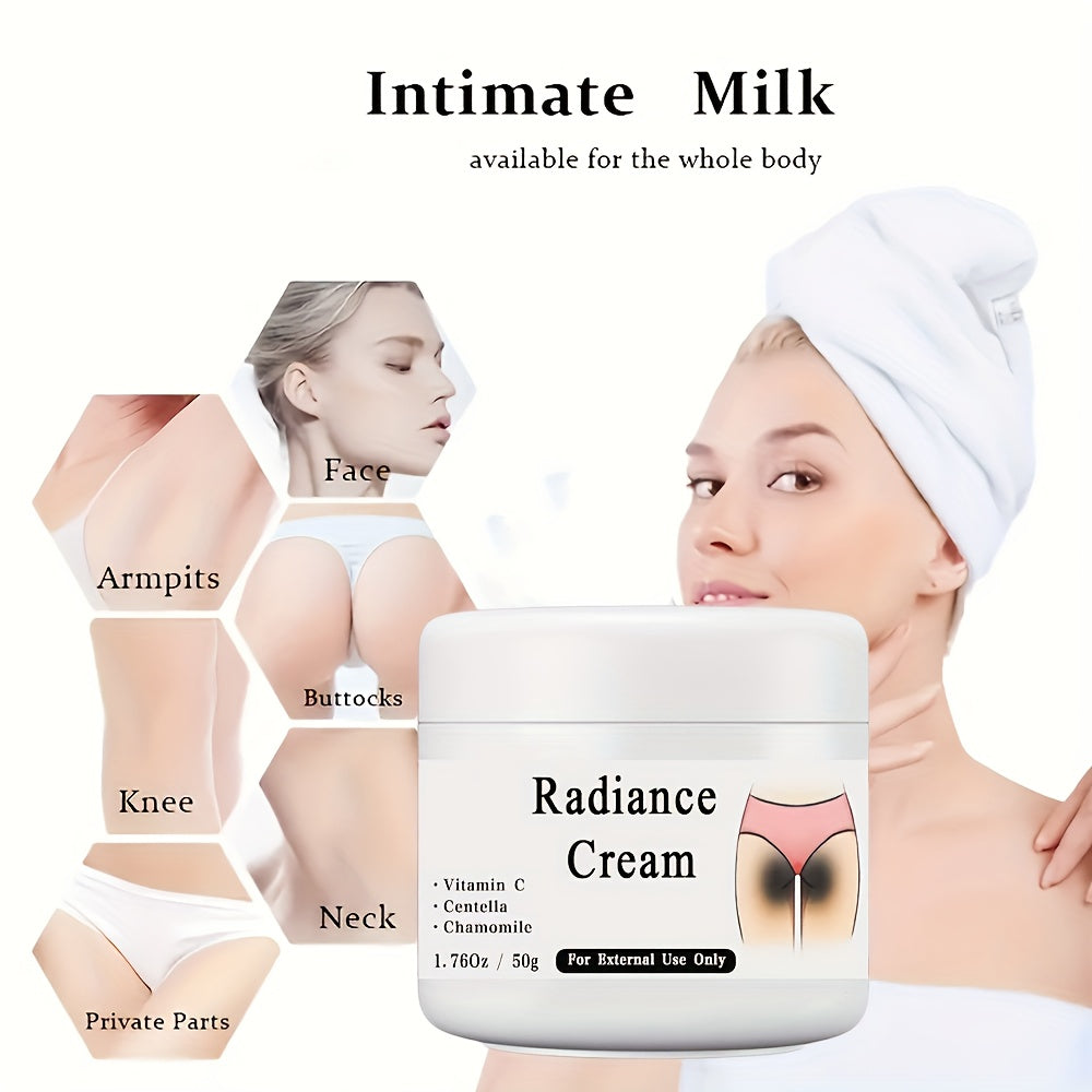 50g Radiance Cream with Vitamin C for private parts, underarms, and joints to improve melanin appearance and illuminate inner butt and thigh skin. 1.76oz.