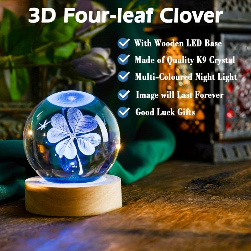 3D crystal ball night light with LED base, USB-powered wooden desk decor. Perfect gift for home, bedroom, birthdays, weddings, Mother's Day. Ideal for girlfriend, wife, mom, or couple. Modern and decorative night lamp.