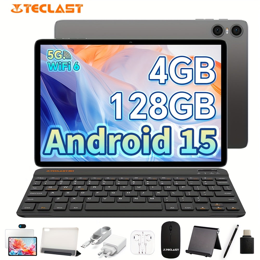 New Teclast P30T Tablet with Android 15, 10.1-inch IPS Display, 4GB+8GB RAM 128GB ROM, 1TB TF Card Extension, Unisoc T606 CPU, 6000mAh Battery, WiFi6, Keyboard, Case, Charging Kit, Tablet