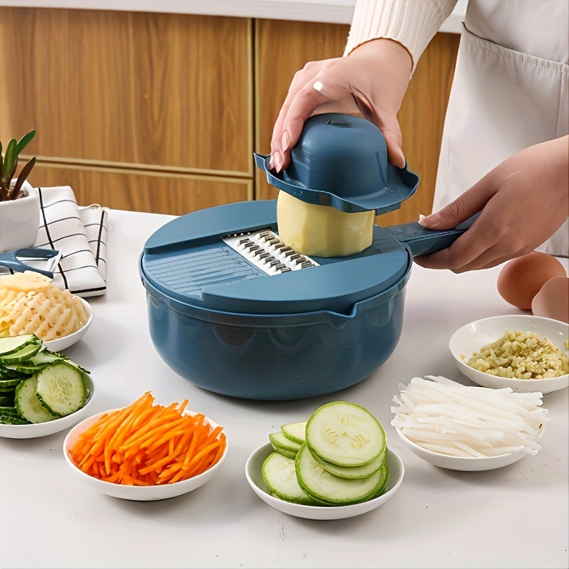 Multi-functional vegetable chopper with 12 different functions, including slicing, dicing, and grating. Perfect for cutting potatoes, carrots, and radishes. Easy to clean and made of PP material. Suitable for use in both homes and restaurants.