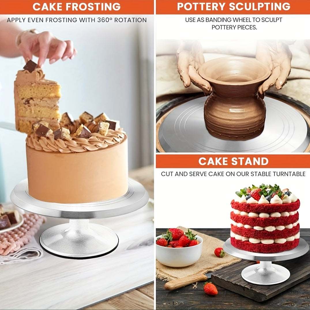 This versatile cake decorating turntable features a golden aluminum alloy surface with an anti-slip plastic base. It can be used for various tasks such as cake decoration, clay sculpting