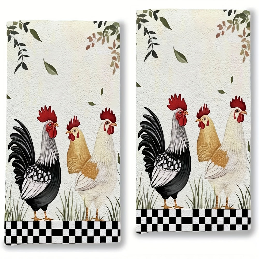 2 pieces of ultra soft kitchen towels featuring hand painted chickens and grass, perfect for holiday decor. These highly absorbent dish hand towels are machine washable and measure 16x24 inches. Item number: 2KYSYS1225199.