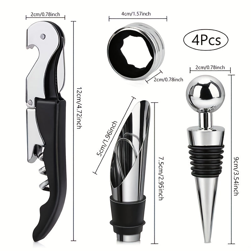 Set of 4 premium metal bottle openers featuring a corkscrew, pour spout, stopper, and foil cutter. Comes in an elegant gift box, no power needed.