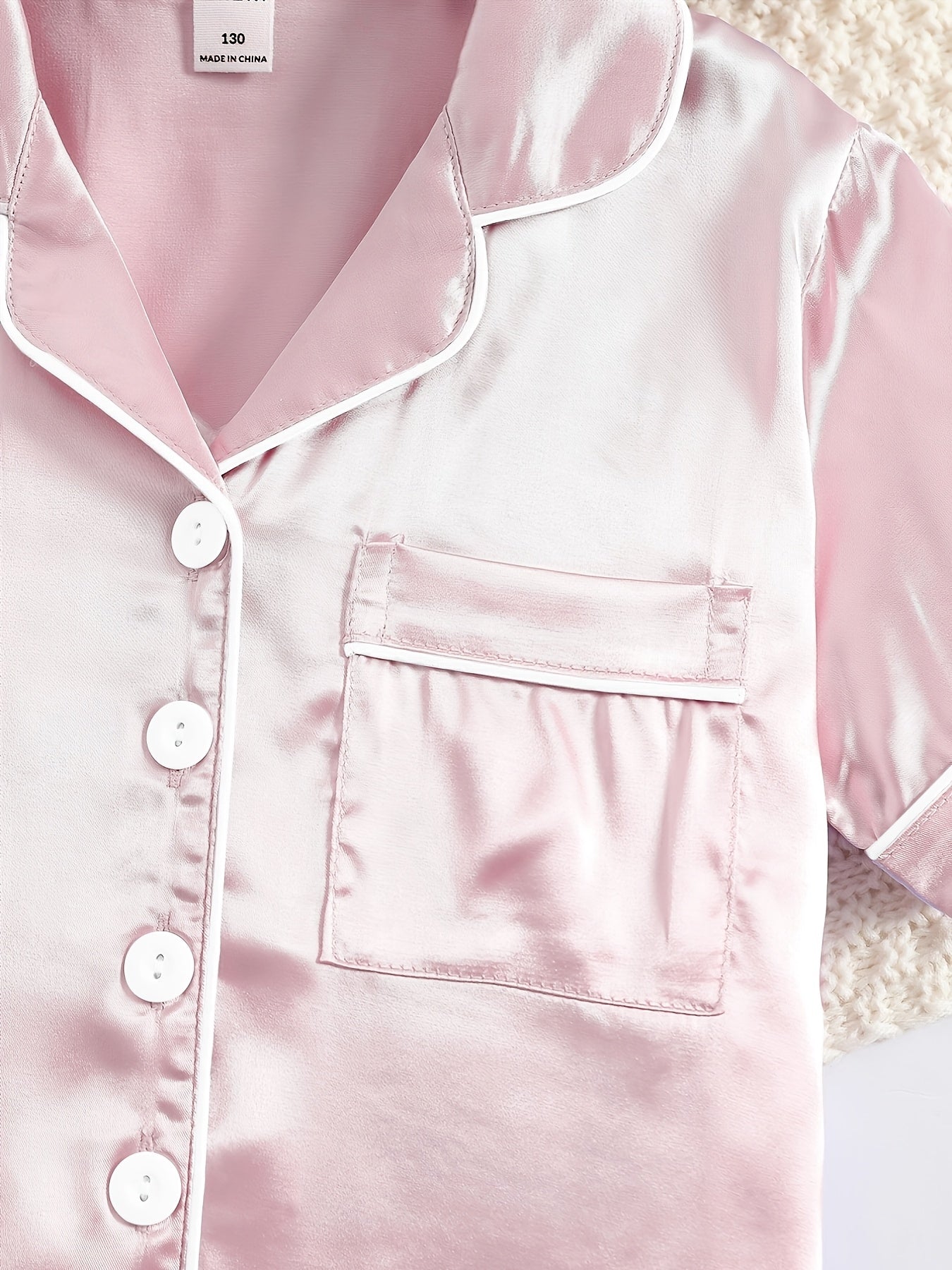 3 girls' flame retardant pajama set includes beige short sleeve collared cardigan top with chest pocket, matching shorts & long pants for spring/autumn, machine washable.