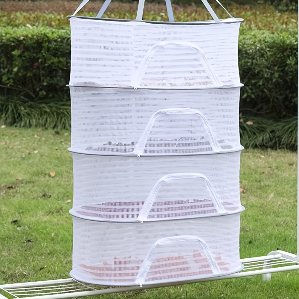 Foldable fish drying rack with non-toxic polyester mesh, suitable for shrimp, fish, fruits, vegetables, and herbs. Features a zipper fly cage for hanging drying. Ideal for outdoor storage.