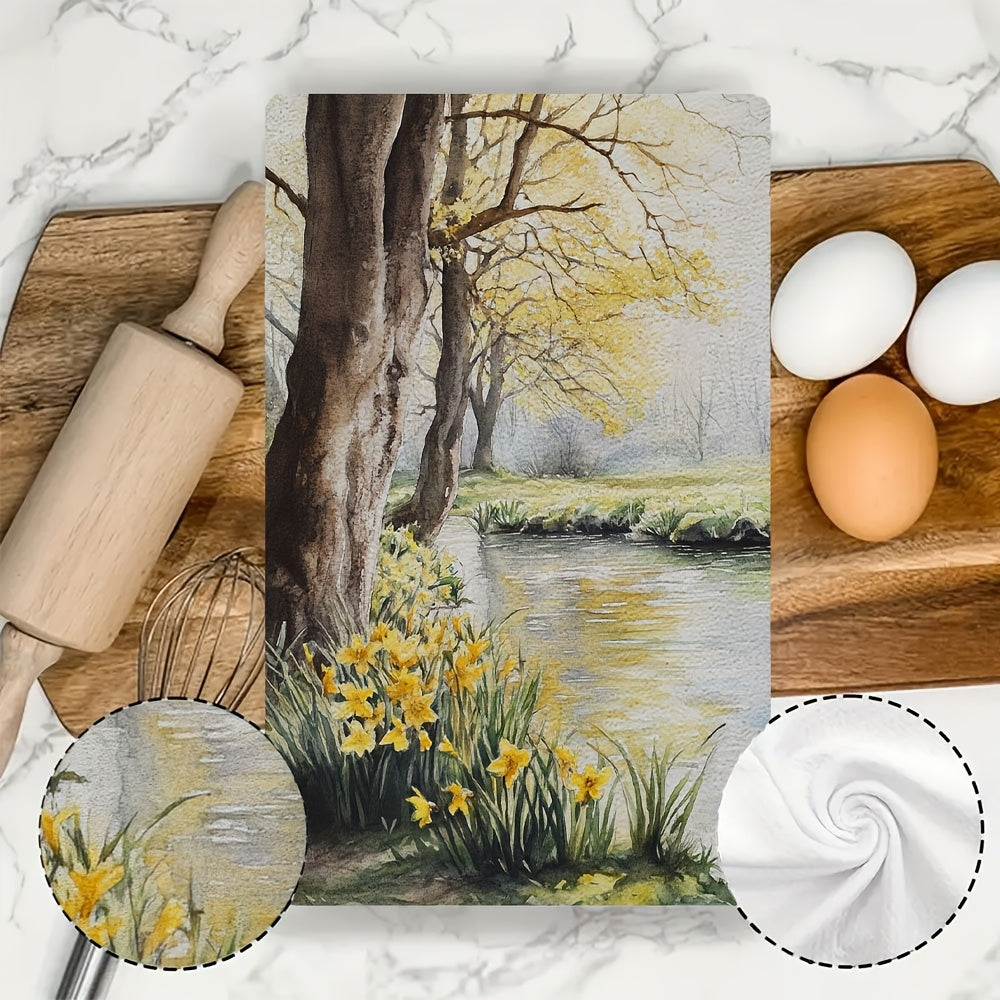 Set of 2 Ultra Soft Kitchen Towels featuring a "Spring Morning" Scenic Design showcasing Yellow Trees & Daffodils. These highly absorbent towels are machine washable, perfect for holiday decor. Measuring 40.64x60.96 cm, these absorbent dish towels are a