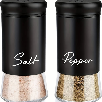 Glass bottom salt and pepper seasoning jars with stainless steel lids, ideal for use in kitchens, camping, RVs, and barbecues. Fillable design, set includes 2 pieces.