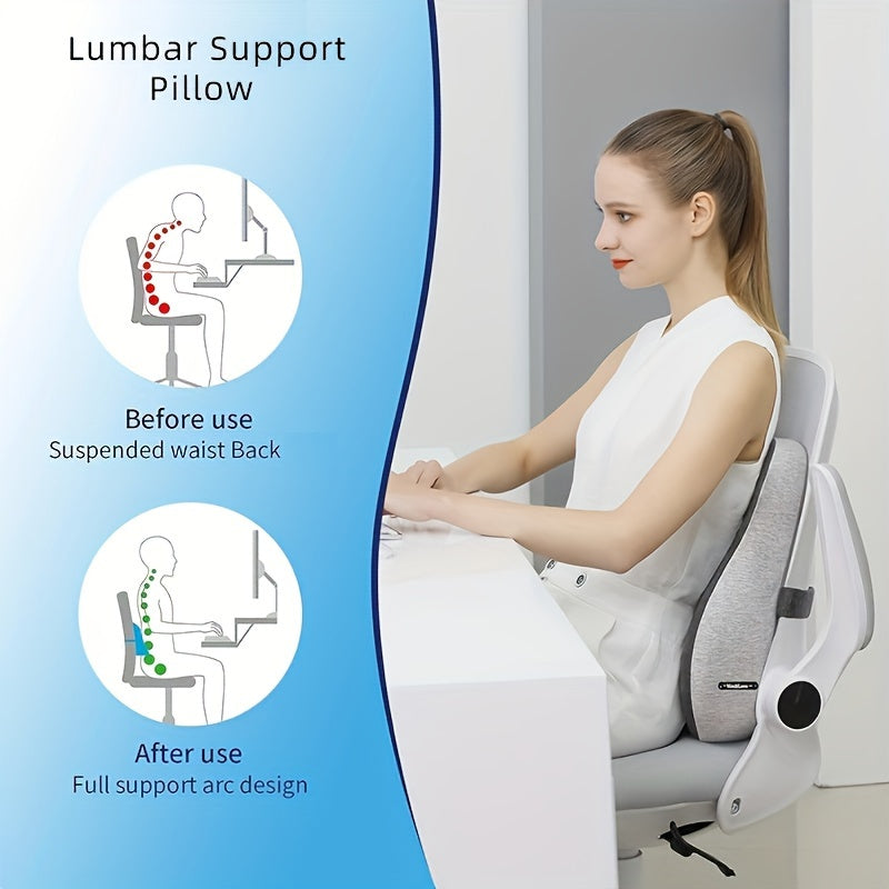 Grey 1pc Ergonomic Lumbar Support Pillow Cover with 3D Memory Foam Backrest Cushion and Adjustable Strap. Made with Hand Washable Knit Fabric and Zipper Closure. Multipurpose use for Office Chair, Car Seat, Recliner, Desk Chair, and Couch. Also available