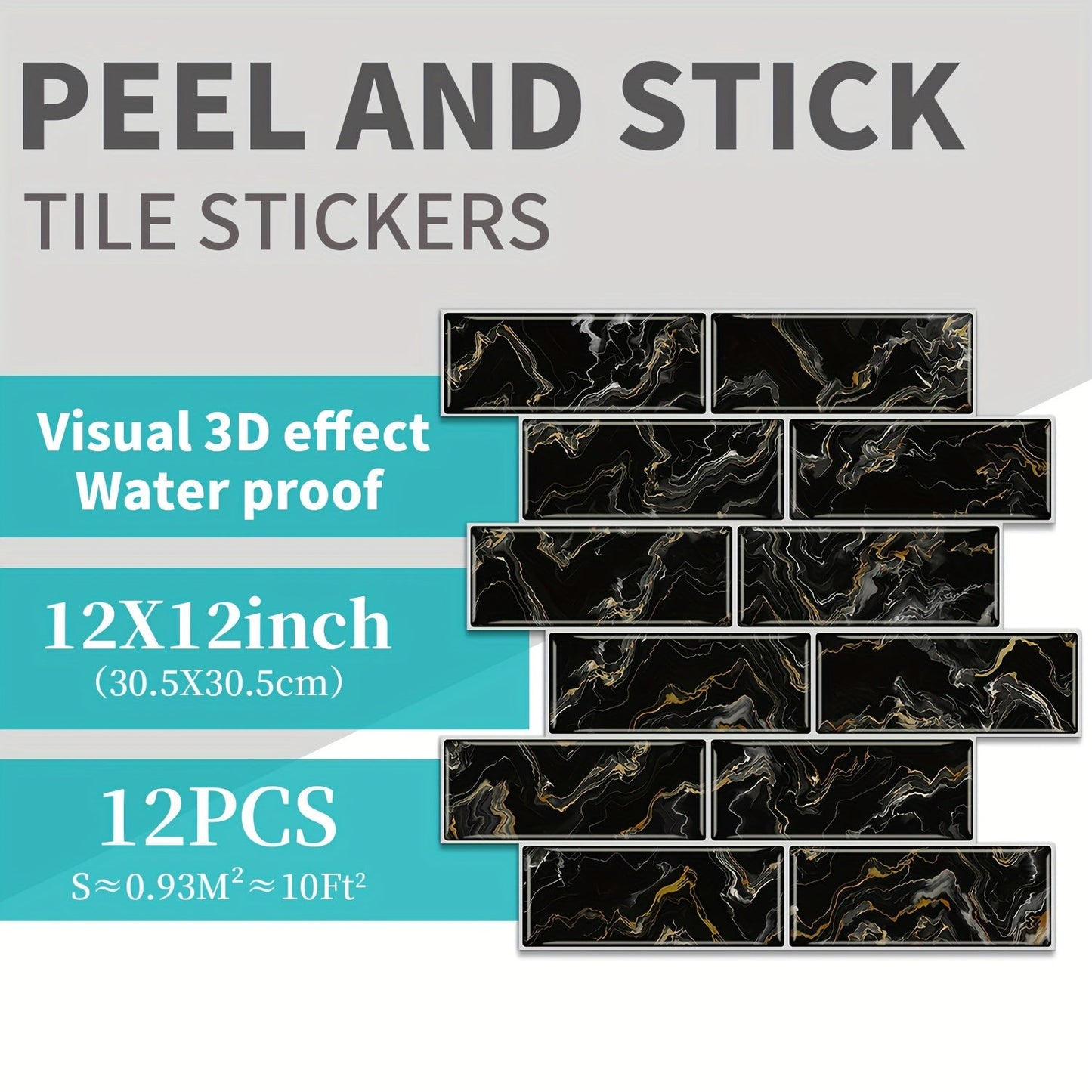 Each set includes 12 pieces of peel and stick black and golden quicksand brick pattern mosaic marble tile stickers. These 30.48 cm x 30.48 cm 3D self-adhesive wall tile stickers are waterproof and moisture-proof PVC stickers perfect for decorating