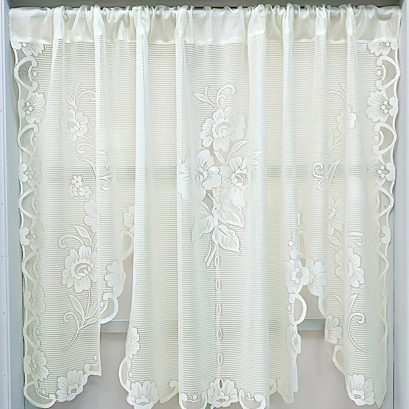 Beige and White Lace Floral Pattern Short Curtain for Window, with Rod Pocket, Perfect for Cafe, Office, Kitchen, Living Room, Study, or Home Decor