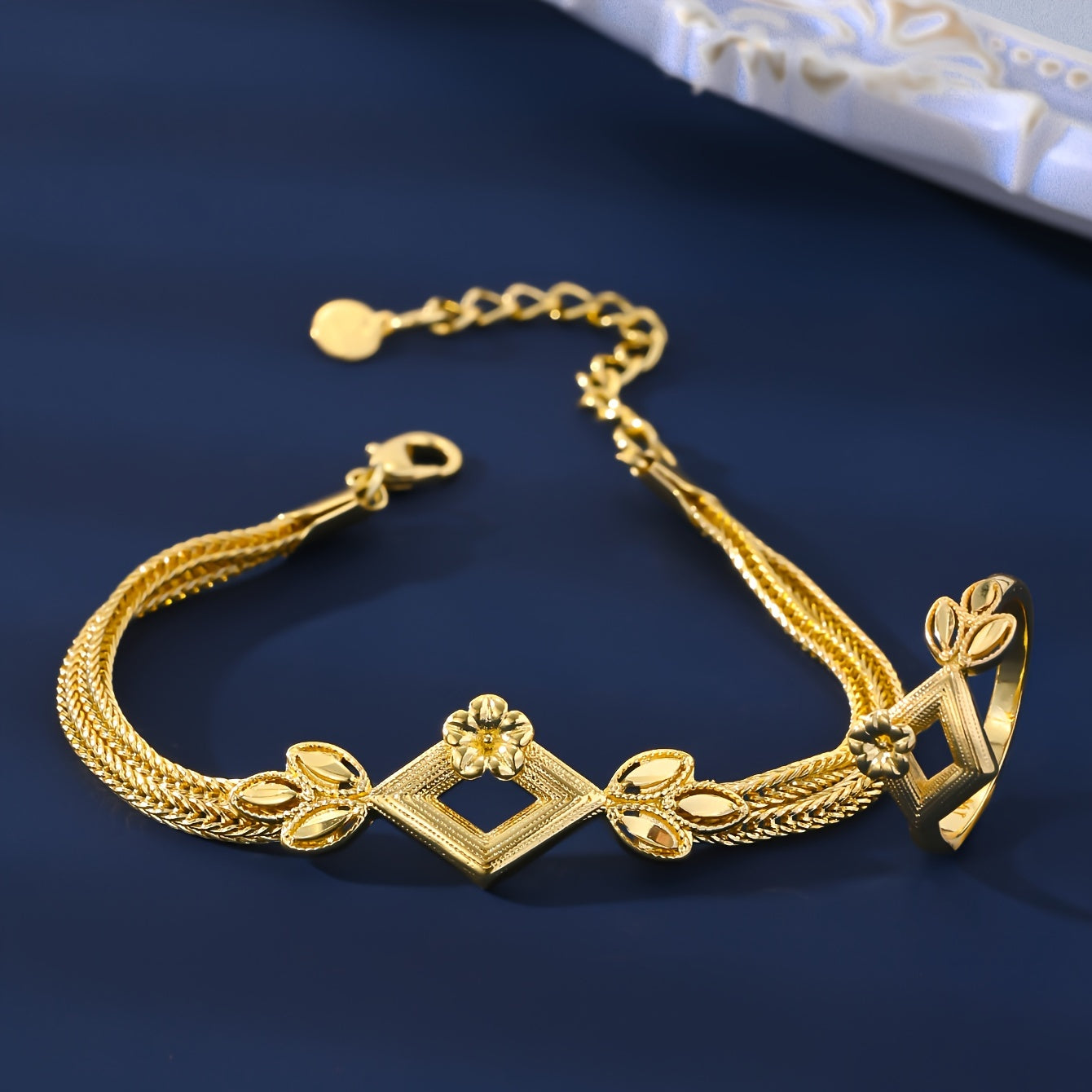 Vintage & Sexy Style 18K Golden Plated Copper Jewelry Set for Women, including Wedding Bridal Necklace, Bracelet, Ring, and Earrings. This all-season set is perfect for daily wear and gift giving.