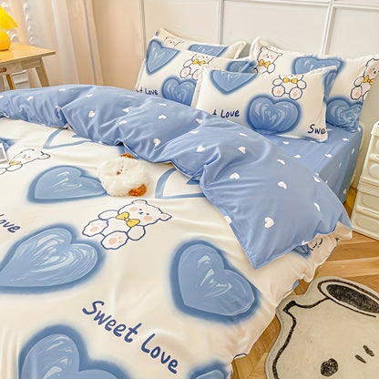 4PCS Cartoon Heart Bear Print Bedding Set - Includes Duvet Cover, Bed Sheet, and 2 Pillowcases - Machine Washable Polyester Fabric - Animal Theme - Year-round Use