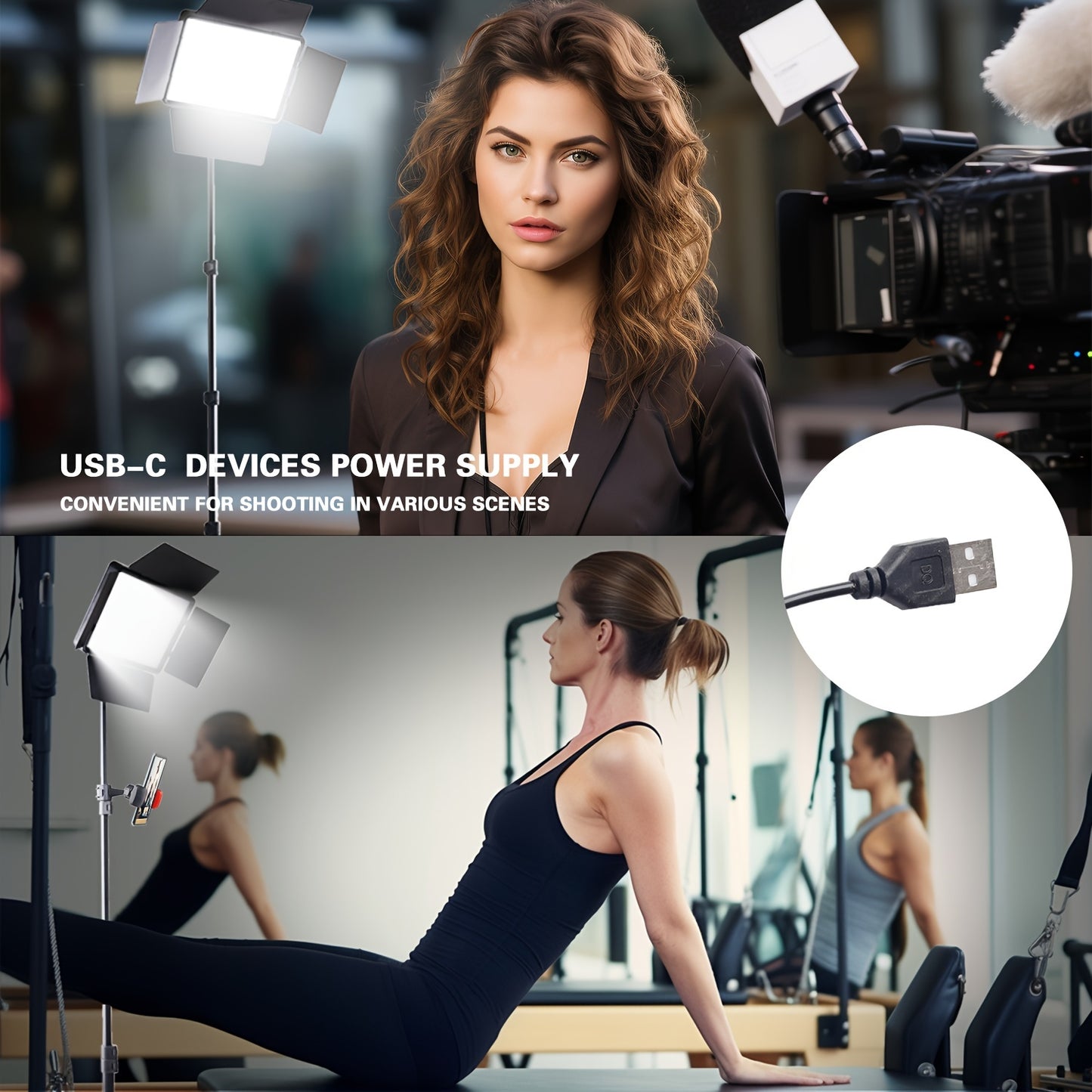 Photography lighting kit with studio fill lights, tripod, LED fill light, dimmable options, four baffles, cell phone clip. Ideal for video recording, photo studio, conferences, live selfies.