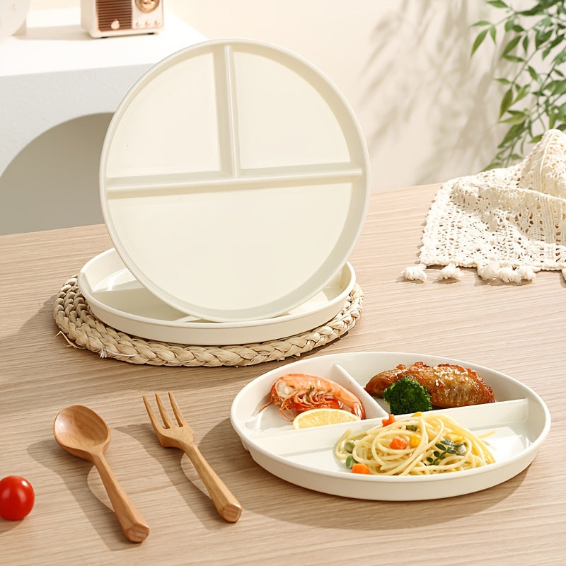 1/2/4pcs Round Plastic Partitioned Plates with 3 compartments, ideal for portion control, anti-drop, microwave and dishwasher safe, perfect for weight management and holiday meals.