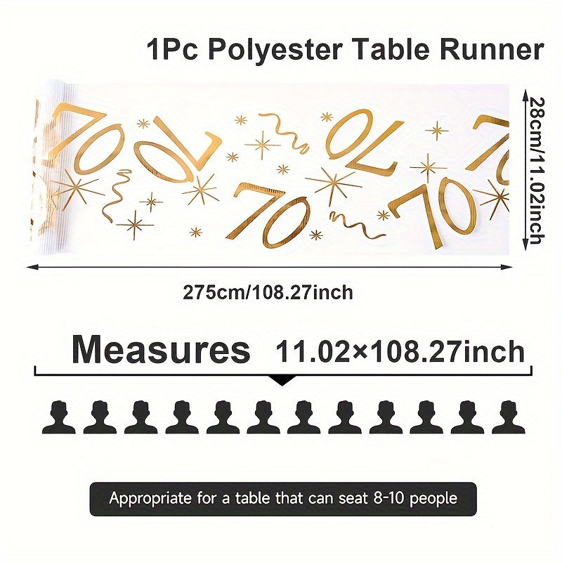 Polyester table runner with golden stamping for milestone celebrations. Perfect for anniversaries, retirement parties, and milestone birthdays. Comes in a rectangular shape.