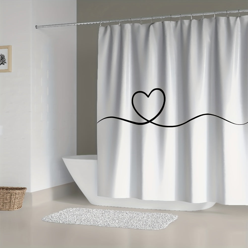 Heart pattern shower curtain set, 180x180cm, water-resistant polyester, machine washable with plastic hooks, all-season arts theme bathroom decor for home and hotel.