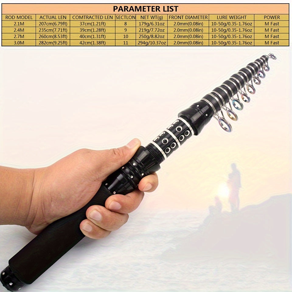 Ultra-short, ultra-hard carbon fishing rods measuring 2.1m-3.0m, with portable telescopic design and larger guide rings and handles. Ideal for carp and bass fishing, convenient for seaside