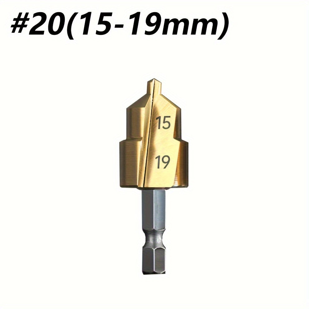 Hexagonal handle reaming drill bit for plastic water pipes. Converts small diameter pipes into larger ones. Ideal for connecting plastic pipes in home improvement projects.