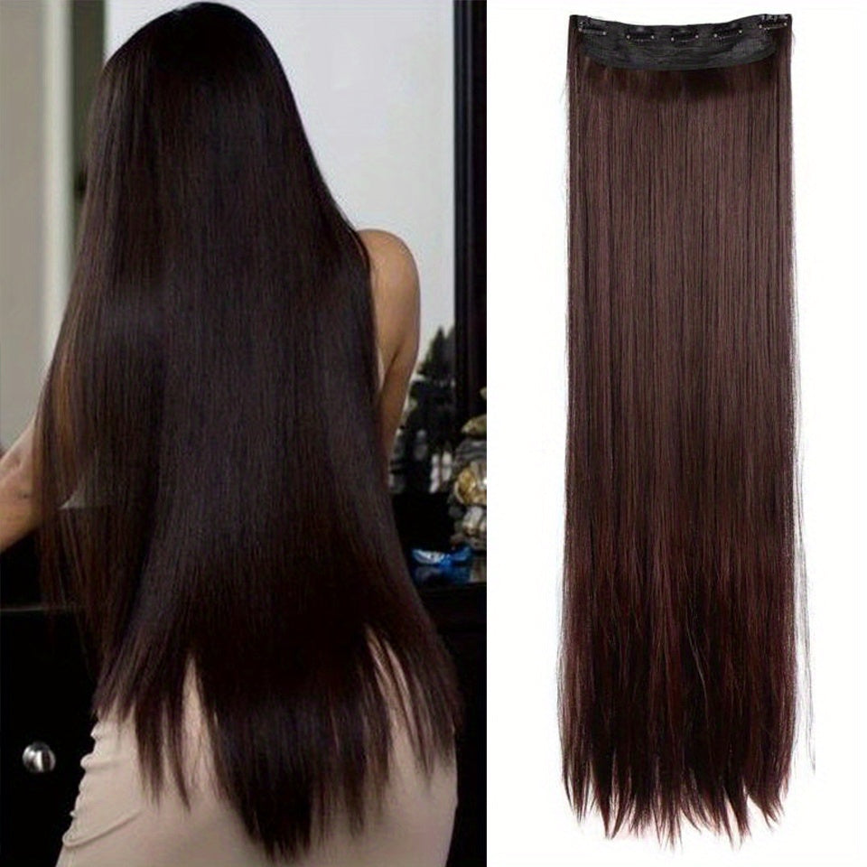 Long synthetic clip-in hair extensions for full head volume and length, easy to wear.