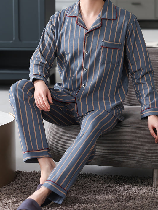 2 Men's Casual Striped Cotton Pajama Sets with Long Sleeve Lapel Shirt and Elastic Waist Pants