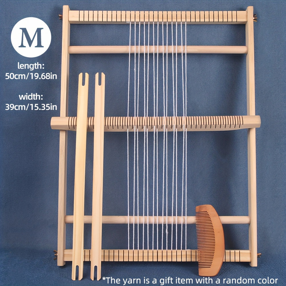 Handmade wooden weaving loom kit for DIY projects, includes shuttle and beaters. Perfect for creating tassel tapestries and carpets without electricity. Ideal for home decor crafting.