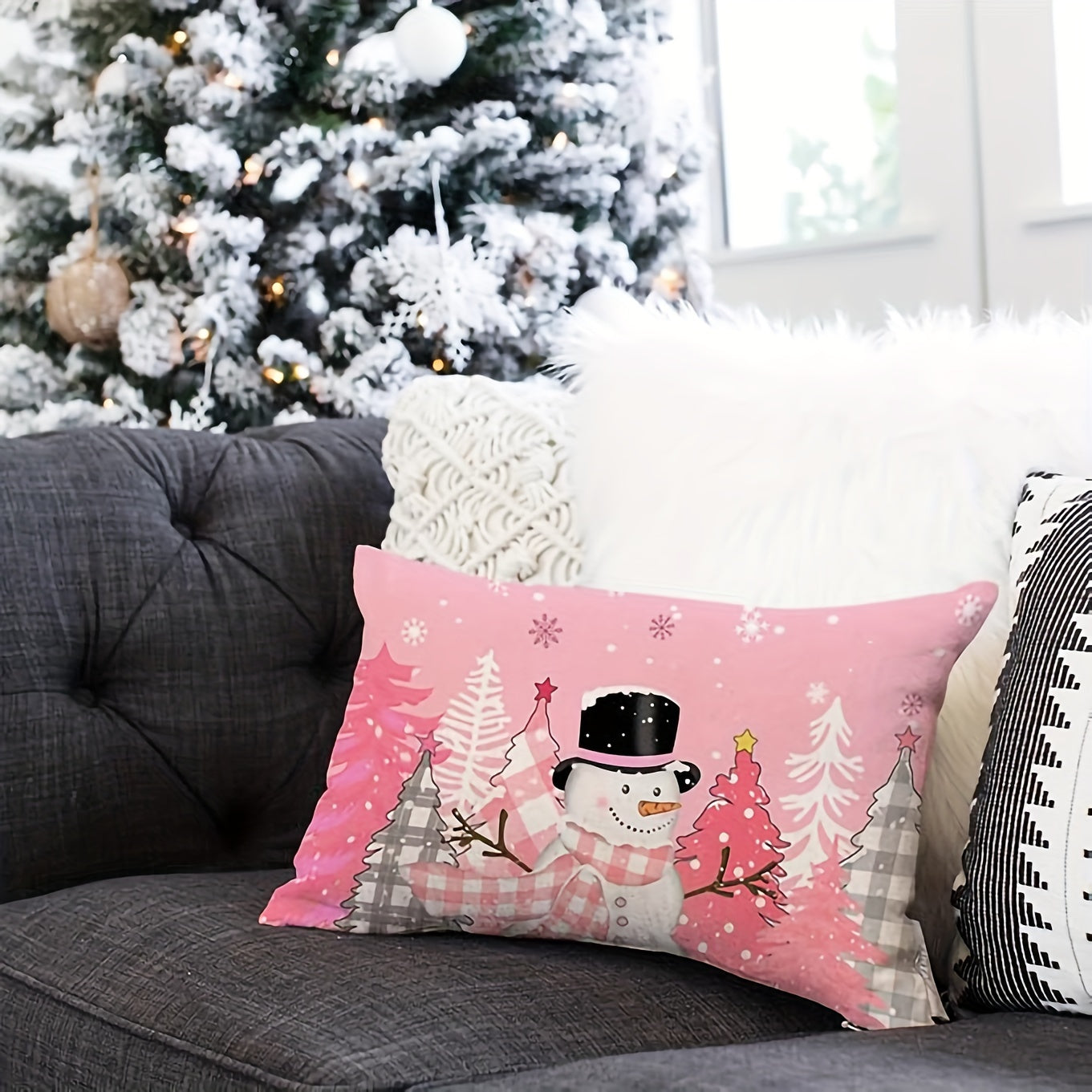 Pink Christmas Pillow Cover - Measures 12x20in/30x50cm - Modern Design - Easy to clean in washing machine - Features Zip Closure - Perfect for adding a touch of holiday spirit to your living room - Made from durable woven polyester fabric.