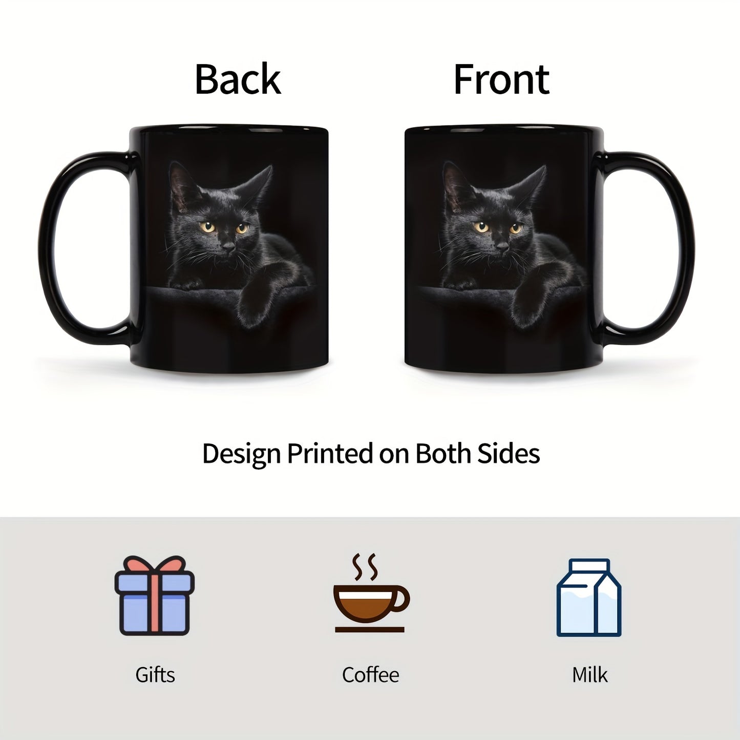 Cute 3D print ceramic coffee mug featuring a charming black cat design. Ideal gift for cat lovers. Durable 11oz cup with a glossy finish, perfect for birthdays and holidays. Hand-wash only.