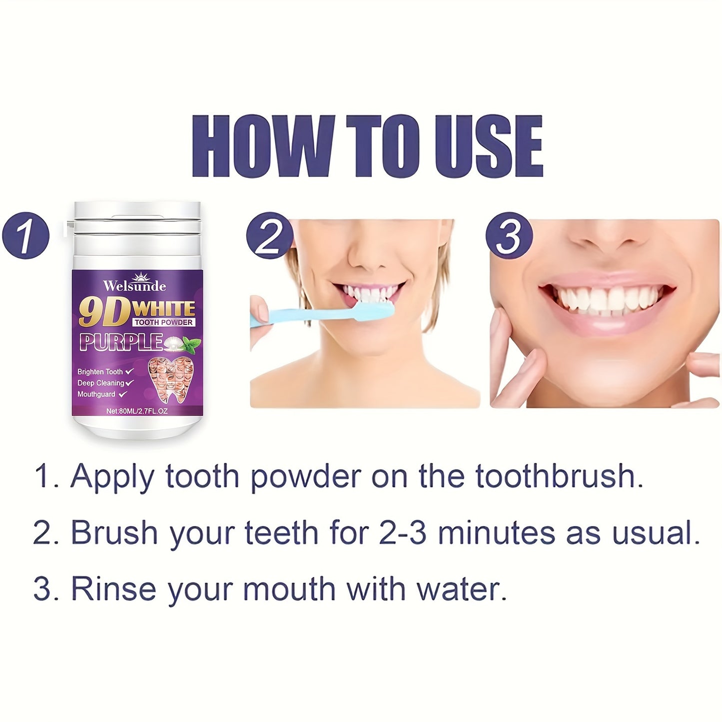 Purple tooth powder for men and women, offers fresh breath and travel convenience.