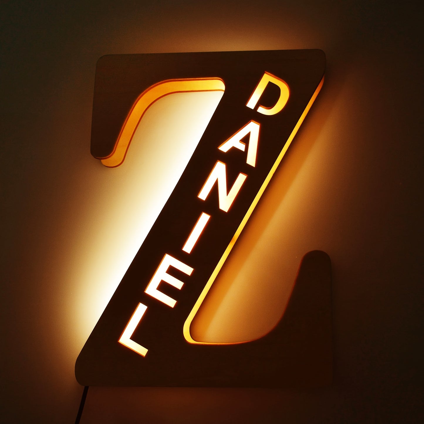 Custom LED letter night light for couples, friends, and family - personalized wooden wall lamp powered by USB. Ideal for bedroom decor with custom uppercase letters.