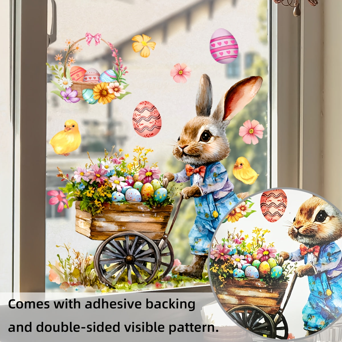 Window cling decal featuring an Easter Bunny and Chick in a basket - 30.48cm x 30.48cm size made of ultra-thin PVC. Self-adhesive with a festive floral egg design, perfect for decorating bedrooms and balconies.