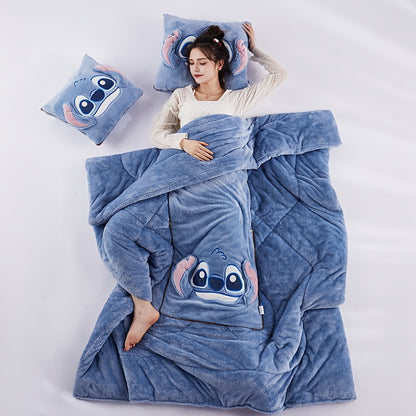 Disney Stitch 2-In-1 Pillow and Blanket Set, Modern Cartoon Theme, All-Season Polyester Woven Blanket, Portable and Multi-Purpose, Ideal for Travel and Office Use in Winter.