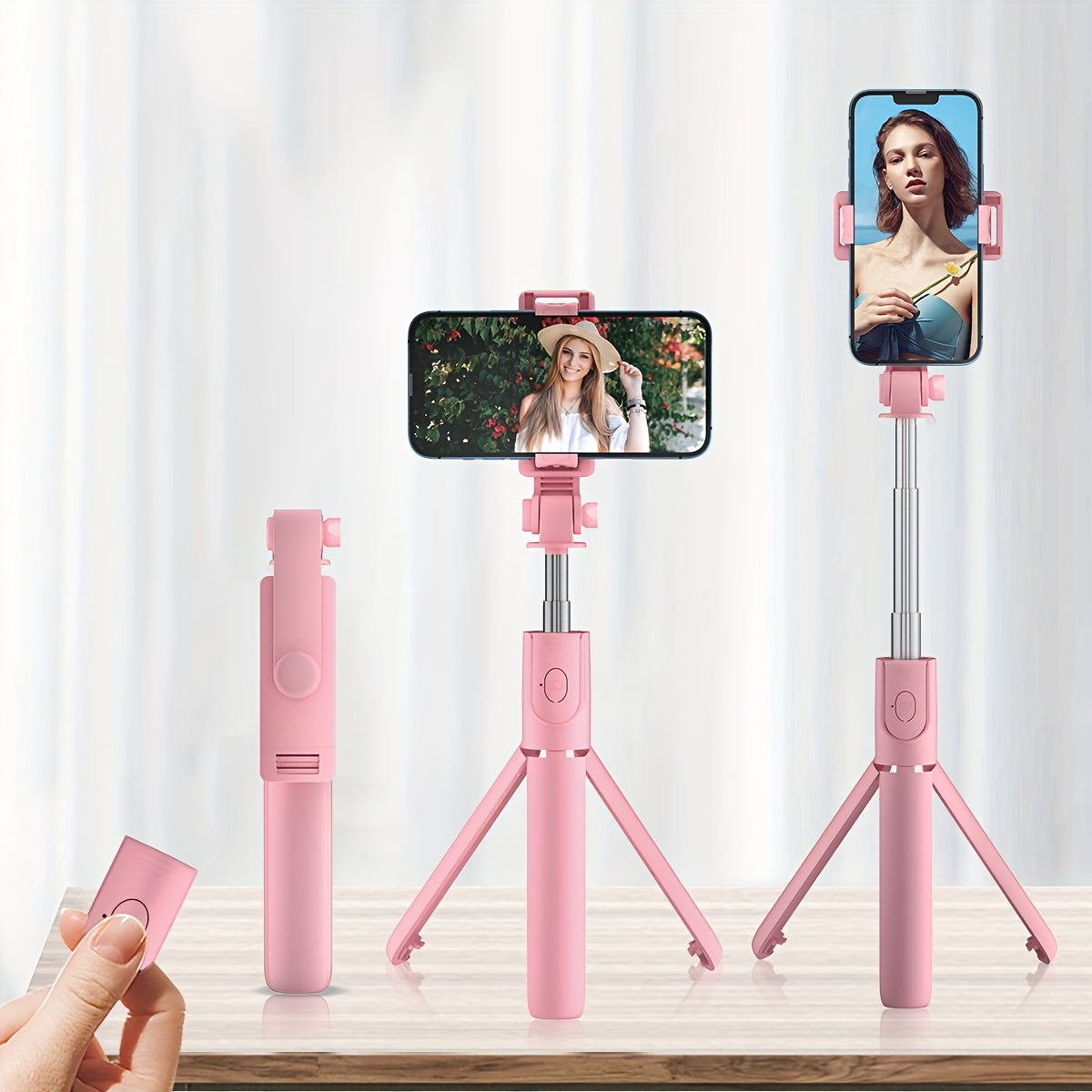 Portable selfie stick tripod with wireless remote control and 360-degree rotation, compatible with Apple iPhone, Samsung, and Android smartphones.